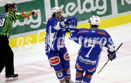 EBEL. Eishockey Bundesliga. VSV gegen	HC Orli Znojmo. Torjubel Corey Locke, Samuel Labrecque (VSV). Villach, am 25.11.2016.
Foto: Kuess

---
pressefotos, pressefotografie, kuess, qs, qspictures, sport, bild, bilder, bilddatenbank