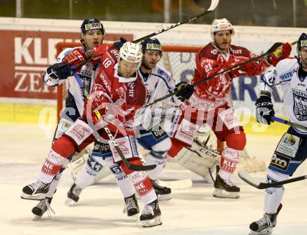 EBEL. Eishockey Bundesliga. KAC gegen 	Fehervar AV 19. Thomas Koch, Manuel Geier,  (KAC), Mark Szaller, Chris Owens (Alba Volan). Klagenfurt, am 27.11.2016.
Foto: Kuess

---
pressefotos, pressefotografie, kuess, qs, qspictures, sport, bild, bilder, bilddatenbank