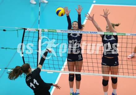 Volleyball Frauen Bundesliga. ATSC Wildcats gegen SG VB NOE Sokol/Post.Lucia Aicholzer, Sabrina Mueller (Wildcats), Sonja Katz  (SG Sokol/Post). Bleiburg, am 1.12.2016.
Foto: Kuess

---
pressefotos, pressefotografie, kuess, qs, qspictures, sport, bild, bilder, bilddatenbank