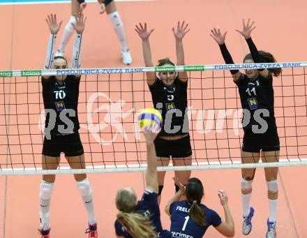 Volleyball Frauen Bundesliga. ATSC Wildcats gegen SG VB NOE Sokol/Post.Alexandra Epure (Wildcats), Paula Kubova, Nicole Sabathiel, Sonja Katz (SG Sokol/Post). Bleiburg, am 1.12.2016.
Foto: Kuess

---
pressefotos, pressefotografie, kuess, qs, qspictures, sport, bild, bilder, bilddatenbank