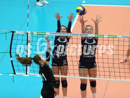 Volleyball Frauen Bundesliga. ATSC Wildcats gegen SG VB NOE Sokol/Post.Lucia Aicholzer, Sabrina Mueller (Wildcats), Sonja Katz  (SG Sokol/Post). Bleiburg, am 1.12.2016.
Foto: Kuess

---
pressefotos, pressefotografie, kuess, qs, qspictures, sport, bild, bilder, bilddatenbank