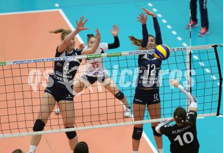 Volleyball Frauen Bundesliga. ATSC Wildcats gegen SG VB NOE Sokol/Post.Sabrina Mueller, Lucia Aicholzer (Wildcats), Paula Kubova (SG Sokol/Post). Bleiburg, am 1.12.2016.
Foto: Kuess

---
pressefotos, pressefotografie, kuess, qs, qspictures, sport, bild, bilder, bilddatenbank