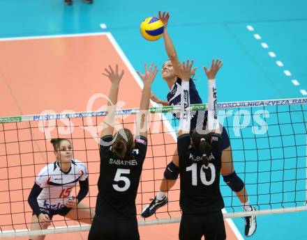 Volleyball Frauen Bundesliga. ATSC Wildcats gegen SG VB NOE Sokol/Post.Nina Kontrec,  (Wildcats), Nicole Sabathiel, Paula Kubova (SG Sokol/Post). Bleiburg, am 1.12.2016.
Foto: Kuess

---
pressefotos, pressefotografie, kuess, qs, qspictures, sport, bild, bilder, bilddatenbank