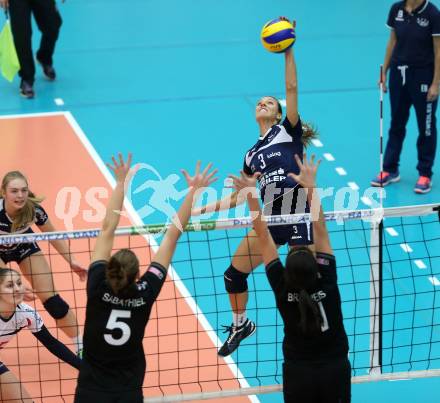 Volleyball Frauen Bundesliga. ATSC Wildcats gegen SG VB NOE Sokol/Post.Nina Kontrec (Wildcats), Nicole Sabathiel, Taylor Brauneis  (SG Sokol/Post). Bleiburg, am 1.12.2016.
Foto: Kuess

---
pressefotos, pressefotografie, kuess, qs, qspictures, sport, bild, bilder, bilddatenbank