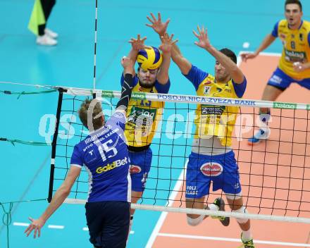 Volleyball Bundesliga. SK Posojilnica Aich/Dob gegen Hypo Tirol.  Maximilian Thaller, Uros Pavlovic (Aich/Dob), Niklas Kronthaler  (Hypo Tirol). Bleiburg, 1.12.2016.
Foto: Kuess 
---
pressefotos, pressefotografie, kuess, qs, qspictures, sport, bild, bilder, bilddatenbank