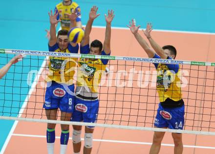 Volleyball Bundesliga. SK Posojilnica Aich/Dob gegen Hypo Tirol. Peter Mlynarcik, Uros Pavlovic, Anestis Dalakouras (Aich/Dob). Bleiburg, 1.12.2016.
Foto: Kuess 
---
pressefotos, pressefotografie, kuess, qs, qspictures, sport, bild, bilder, bilddatenbank