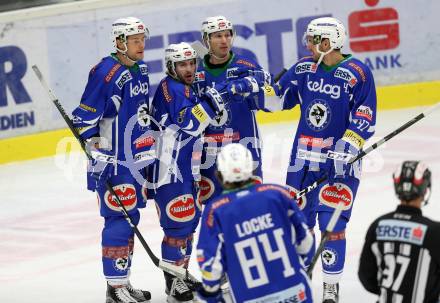 EBEL. Eishockey Bundesliga. VSV gegen	Dornbirner Eishockey Club. Torjubel Samuel Labrecque, Jan Urbas, Dustin Johner, Jeremie Ouellet Blain, Corey Locke (VSV). Villach, am 9.12.2016.
Foto: Kuess

---
pressefotos, pressefotografie, kuess, qs, qspictures, sport, bild, bilder, bilddatenbank