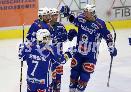 EBEL. Eishockey Bundesliga. VSV gegen	Dornbirner Eishockey Club. Torjubel Dustin Johner, Jeremie Ouellet Blain, Jan Urbas, Samuel Labrecque (VSV). Villach, am 9.12.2016.
Foto: Kuess

---
pressefotos, pressefotografie, kuess, qs, qspictures, sport, bild, bilder, bilddatenbank