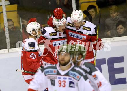 EBEL. Eishockey Bundesliga. KAC gegen 	HCB Suedtirol Alperia. Torjubel Marco Richter, Thomas Hundertpfund, Steven Strong (KAC). Klagenfurt, am 16.12.2016.
Foto: Kuess

---
pressefotos, pressefotografie, kuess, qs, qspictures, sport, bild, bilder, bilddatenbank