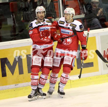 EBEL. Eishockey Bundesliga. KAC gegen 	HCB Suedtirol Alperia. Torjubel  Mark Hurtubise, Ziga Pance (KAC). Klagenfurt, am 16.12.2016.
Foto: Kuess

---
pressefotos, pressefotografie, kuess, qs, qspictures, sport, bild, bilder, bilddatenbank