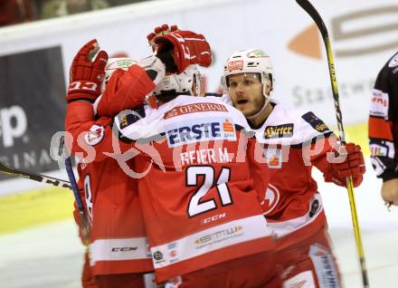 EBEL. Eishockey Bundesliga. KAC gegen 	HCB Suedtirol Alperia. Torjubel Stefan Geier, Manuel Geier, Thomas Koch (KAC). Klagenfurt, am 16.12.2016.
Foto: Kuess

---
pressefotos, pressefotografie, kuess, qs, qspictures, sport, bild, bilder, bilddatenbank