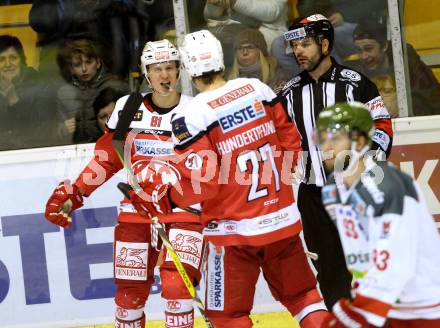 EBEL. Eishockey Bundesliga. KAC gegen 	HCB Suedtirol Alperia. Torjubel Marco Richter, Thomas Hundertpfund, (KAC). Klagenfurt, am 16.12.2016.
Foto: Kuess

---
pressefotos, pressefotografie, kuess, qs, qspictures, sport, bild, bilder, bilddatenbank