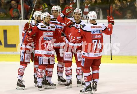 EBEL. Eishockey Bundesliga. KAC gegen 	VSV. Torjubel Stefan Geier, Thomas Koch, Steven Strong, Mark Popovic, Jammie Lundmark (KAC). Klagenfurt, am 18.12.2016.
Foto: Kuess

---
pressefotos, pressefotografie, kuess, qs, qspictures, sport, bild, bilder, bilddatenbank