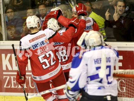 EBEL. Eishockey Bundesliga. KAC gegen 	VSV. Torjubel Manuel Geier, Stefan Geier, Thomas Koch, Christoph Duller (KAC). Klagenfurt, am 18.12.2016.
Foto: Kuess

---
pressefotos, pressefotografie, kuess, qs, qspictures, sport, bild, bilder, bilddatenbank