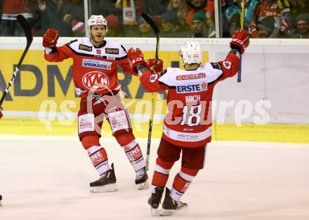 EBEL. Eishockey Bundesliga. KAC gegen 	VSV. Torjubel Stefan Geier, Thomas Koch (KAC). Klagenfurt, am 18.12.2016.
Foto: Kuess

---
pressefotos, pressefotografie, kuess, qs, qspictures, sport, bild, bilder, bilddatenbank