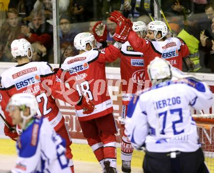 EBEL. Eishockey Bundesliga. KAC gegen 	VSV. Torjubel Manuel Geier, Stefan Geier, Thomas Koch, Christoph Duller (KAC). Klagenfurt, am 18.12.2016.
Foto: Kuess

---
pressefotos, pressefotografie, kuess, qs, qspictures, sport, bild, bilder, bilddatenbank