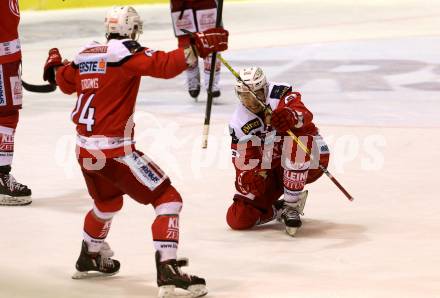 EBEL. Eishockey Bundesliga. KAC gegen 	VSV. Torjubel Patrick Harand, Steven Strong (KAC). Klagenfurt, am 18.12.2016.
Foto: Kuess

---
pressefotos, pressefotografie, kuess, qs, qspictures, sport, bild, bilder, bilddatenbank