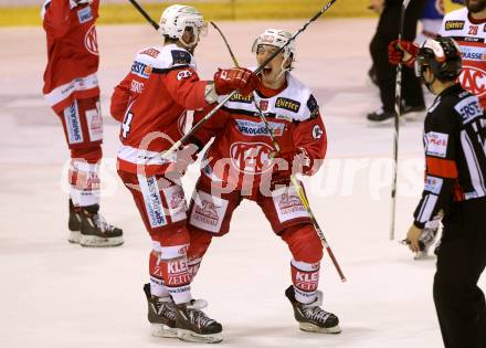 EBEL. Eishockey Bundesliga. KAC gegen 	VSV. Torjubel Patrick Harand, Steven Strong (KAC). Klagenfurt, am 18.12.2016.
Foto: Kuess

---
pressefotos, pressefotografie, kuess, qs, qspictures, sport, bild, bilder, bilddatenbank