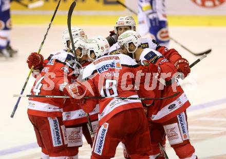 EBEL. Eishockey Bundesliga. KAC gegen 	VSV. Torjubel Patrick Harand, Steven Strong, Thomas Koch, Martin Schumnig, Manuel Ganahl (KAC). Klagenfurt, am 18.12.2016.
Foto: Kuess

---
pressefotos, pressefotografie, kuess, qs, qspictures, sport, bild, bilder, bilddatenbank