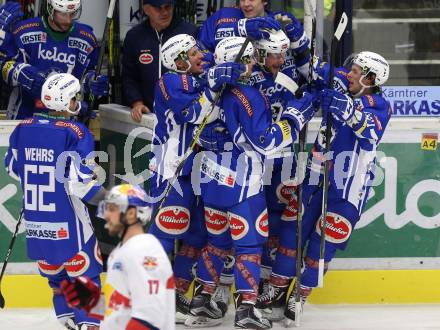 EBEL. Eishockey Bundesliga. VSV gegen	EC Red Bull Salzburg	. Torjubel Jan Urbas, Nico Brunner, Dustin Johner, Corey Locke (VSV). Villach, am 20.12.2016.
Foto: Kuess

---
pressefotos, pressefotografie, kuess, qs, qspictures, sport, bild, bilder, bilddatenbank