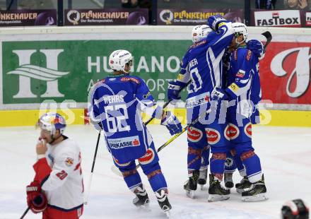 EBEL. Eishockey Bundesliga. VSV gegen	EC Red Bull Salzburg	. Torjubel Nico Brunner, Daniel Nageler, Kevin Wehrs (VSV). Villach, am 20.12.2016.
Foto: Kuess

---
pressefotos, pressefotografie, kuess, qs, qspictures, sport, bild, bilder, bilddatenbank