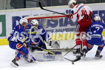 EBEL. Eishockey Bundesliga. VSV gegen	KAC. Nico Brunner, Olivier Roy, Samuel Labrecque (VSV), Marco Richter  (KAC). Villach, am 28.12.2016.
Foto: Kuess

---
pressefotos, pressefotografie, kuess, qs, qspictures, sport, bild, bilder, bilddatenbank