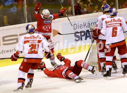 EBEL. Eishockey Bundesliga. KAC gegen 	EC Red Bull Salzburg. Torjubel Stefan Geier, Thomas Koch (KAC). Klagenfurt, am 3.1.2017.
Foto: Kuess

---
pressefotos, pressefotografie, kuess, qs, qspictures, sport, bild, bilder, bilddatenbank