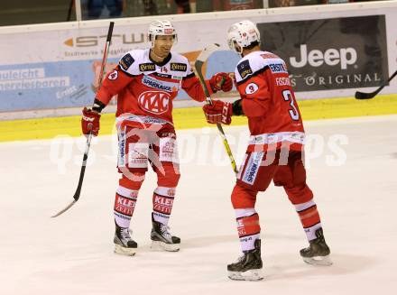 EBEL. Eishockey Bundesliga. KAC gegen 	EC Red Bull Salzburg. Torjubel Jamie Lundmark, David Joseph Fischer (KAC). Klagenfurt, am 3.1.2017.
Foto: Kuess

---
pressefotos, pressefotografie, kuess, qs, qspictures, sport, bild, bilder, bilddatenbank