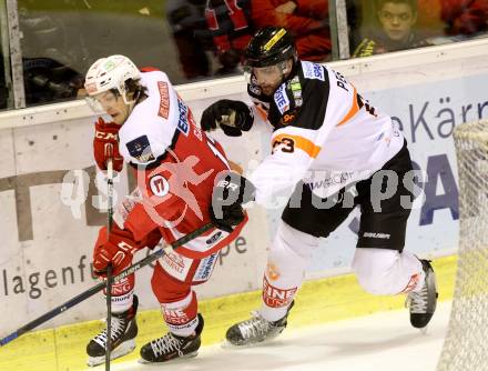 EBEL. Eishockey Bundesliga. KAC gegen 	Moser Medical Graz99ers. Manuel Ganahl,  (KAC), Matthew Pelech (Graz). Klagenfurt, am 6.1.2017.
Foto: Kuess

---
pressefotos, pressefotografie, kuess, qs, qspictures, sport, bild, bilder, bilddatenbank