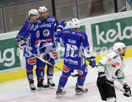 EBEL. Eishockey Bundesliga. VSV gegen	HDD Olimpija Ljubljana. Torjubel Jan Urbas, Miha Verlic, Jeremie Blain (VSV). Villach, am 20.1.2017.
Foto: Kuess

---
pressefotos, pressefotografie, kuess, qs, qspictures, sport, bild, bilder, bilddatenbank