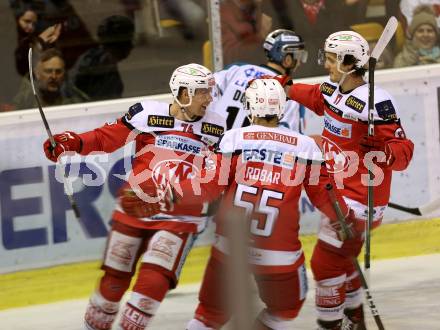 EBEL. Eishockey Bundesliga. KAC gegen 	EHC Liwest Black Wings Linz. Torjubel Jamie Lundmark, Mitja Robar, Manuel Ganahl (KAC). Klagenfurt, am 22.1.2017.
Foto: Kuess

---
pressefotos, pressefotografie, kuess, qs, qspictures, sport, bild, bilder, bilddatenbank