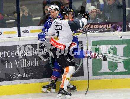 EBEL. Eishockey Bundesliga. VSV gegen	Dornbirner Eishockey Club.  Dustin Johner,  (VSV), Olivier Magnan (Dornbirn). Villach, am 27.1.2017.
Foto: Kuess

---
pressefotos, pressefotografie, kuess, qs, qspictures, sport, bild, bilder, bilddatenbank