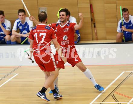 Floorball. 1. Bundesliga. VSV gegen KAC. Torjubel Haimburger Christoph, Pfeifer Martin  (KAC). Villach, am 17.9.2016.
Foto: Kuess
---
pressefotos, pressefotografie, kuess, qs, qspictures, sport, bild, bilder, bilddatenbank