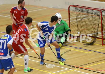 Floorball. 1. Bundesliga. VSV gegen KAC. Rauter Robert, (VSV), Wreniuk Florian  (KAC). Villach, am 17.9.2016.
Foto: Kuess
---
pressefotos, pressefotografie, kuess, qs, qspictures, sport, bild, bilder, bilddatenbank