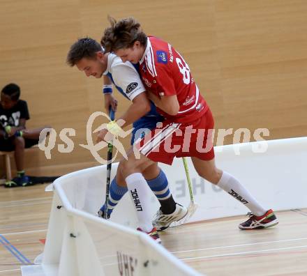 Floorball. 1. Bundesliga. VSV gegen KAC. Kanduth Michael,  (VSV), Fritz Martin (KAC). Villach, am 17.9.2016.
Foto: Kuess
---
pressefotos, pressefotografie, kuess, qs, qspictures, sport, bild, bilder, bilddatenbank