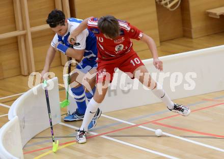 Floorball. 1. Bundesliga. VSV gegen KAC. Rauter Robert,  (VSV), Horn Philipp (KAC). Villach, am 17.9.2016.
Foto: Kuess
---
pressefotos, pressefotografie, kuess, qs, qspictures, sport, bild, bilder, bilddatenbank