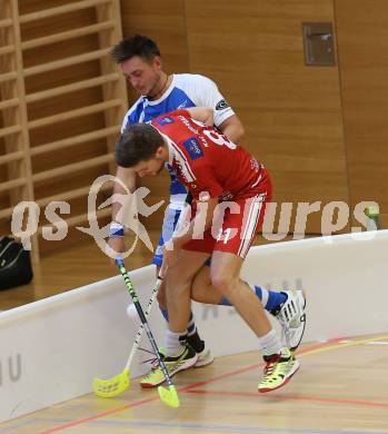 Floorball. 1. Bundesliga. VSV gegen KAC. Kanduth Michael, (VSV),  Mach Peter (KAC). Villach, am 17.9.2016.
Foto: Kuess
---
pressefotos, pressefotografie, kuess, qs, qspictures, sport, bild, bilder, bilddatenbank