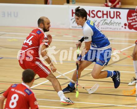 Floorball. 1. Bundesliga. VSV gegen KAC. Seebacher Thomas, (VSV), Kramer Michael  (KAC). Villach, am 17.9.2016.
Foto: Kuess
---
pressefotos, pressefotografie, kuess, qs, qspictures, sport, bild, bilder, bilddatenbank