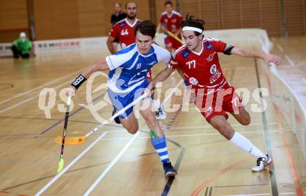 Floorball. 1. Bundesliga. VSV gegen KAC. Seebacher Thomas, (VSV),  Mayrobnig Dominik (KAC). Villach, am 17.9.2016.
Foto: Kuess
---
pressefotos, pressefotografie, kuess, qs, qspictures, sport, bild, bilder, bilddatenbank