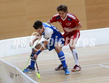 Floorball. 1. Bundesliga. VSV gegen KAC. Robert Rauter, (VSV), Martin Fritz  (KAC). Villach, am 17.9.2016.
Foto: Kuess
---
pressefotos, pressefotografie, kuess, qs, qspictures, sport, bild, bilder, bilddatenbank