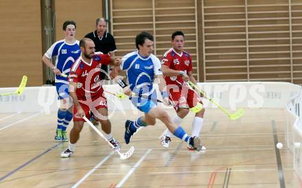 Floorball. 1. Bundesliga. VSV gegen KAC. Seebacher Thomas, Alexander Hanschur, (VSV),  Kraner Michael,  Alexander Sanin (KAC). Villach, am 17.9.2016.
Foto: Kuess
---
pressefotos, pressefotografie, kuess, qs, qspictures, sport, bild, bilder, bilddatenbank