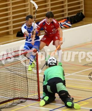 Floorball. 1. Bundesliga. VSV gegen KAC. Raab Daniel,  (VSV), Wreniuk Florian (KAC). Villach, am 17.9.2016.
Foto: Kuess
---
pressefotos, pressefotografie, kuess, qs, qspictures, sport, bild, bilder, bilddatenbank