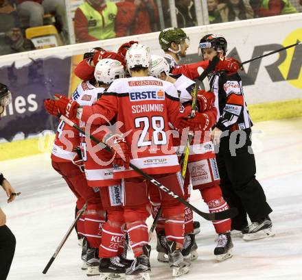 EBEL. Eishockey Bundesliga. KAC gegen 	HCB Suedtirol Alperia. Torjubel Manuel Ganahl, Jamie Lundmark, Mitja Robar, Martin Schumnig, David Fischer (KAC). Klagenfurt, am 29.1.2017.
Foto: Kuess

---
pressefotos, pressefotografie, kuess, qs, qspictures, sport, bild, bilder, bilddatenbank