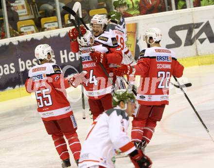 EBEL. Eishockey Bundesliga. KAC gegen 	HCB Suedtirol Alperia. Torjubel Manuel Ganahl, Jamie Lundmark, Mitja Robar, Martin Schumnig (KAC). Klagenfurt, am 29.1.2017.
Foto: Kuess

---
pressefotos, pressefotografie, kuess, qs, qspictures, sport, bild, bilder, bilddatenbank