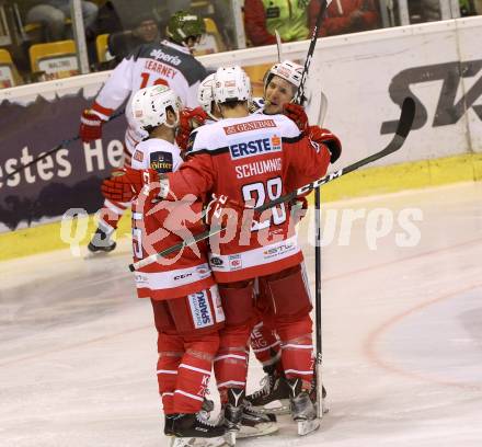 EBEL. Eishockey Bundesliga. KAC gegen 	HCB Suedtirol Alperia. torjubel Manuel Ganahl, Jamie Lundmark, Mitja Robar, Martin Schumnig (KAC). Klagenfurt, am 29.1.2017.
Foto: Kuess

---
pressefotos, pressefotografie, kuess, qs, qspictures, sport, bild, bilder, bilddatenbank