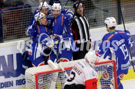 EBEL. Eishockey Bundesliga. VSV gegen	HC Orli Znojmo. Torjubel Corey Locke, Jan Urbas, Miha Verlic, Stefan Bacher (VSV). Villach, am 15.2.2017.
Foto: Kuess

---
pressefotos, pressefotografie, kuess, qs, qspictures, sport, bild, bilder, bilddatenbank