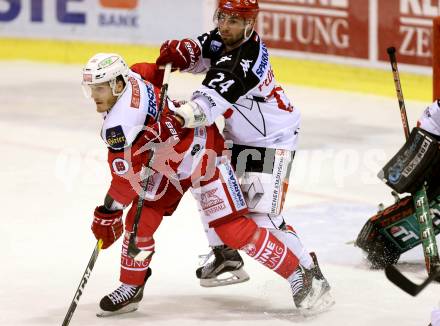 EBEL. Eishockey Bundesliga. KAC gegen 	HC TWK Innsbruck, Die Haie. Stefan Geier,  (KAC), Florian Pedevilla (Innsbruck). Klagenfurt, am 17.2.2017.
Foto: Kuess

---
pressefotos, pressefotografie, kuess, qs, qspictures, sport, bild, bilder, bilddatenbank