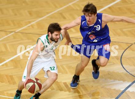 Basketball 2. Bundesliga. GD 17. Runde. KOS Celovec gegen D.C. Timberwolves. Christian Erschen,  (KOS Celovec), Jonas John (Timberwolves). Klagenfurt, am 18.2.2017.
Foto: Kuess
---
pressefotos, pressefotografie, kuess, qs, qspictures, sport, bild, bilder, bilddatenbank