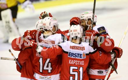 EBEL. Eishockey Bundesliga. KAC gegen 	UPC Vienna Capitals. Torjubel Mark Hurturbise, Kevin Kapstad, David Joseph Fischer (KAC). Klagenfurt, am 19.2.2017.
Foto: Kuess

---
pressefotos, pressefotografie, kuess, qs, qspictures, sport, bild, bilder, bilddatenbank