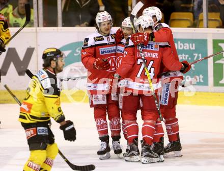 EBEL. Eishockey Bundesliga. KAC gegen 	UPC Vienna Capitals. Torjubel Jamie Lundmark, Manuel Ganahl, Matthew Neal, David Joseph Fischer (KAC). Klagenfurt, am 19.2.2017.
Foto: Kuess

---
pressefotos, pressefotografie, kuess, qs, qspictures, sport, bild, bilder, bilddatenbank